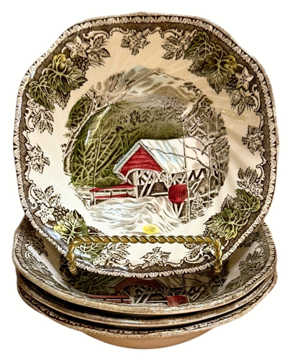 Johnson Bros Friendly Village Covered Bridge Square Cereal Bowls 6.25" Set of 4